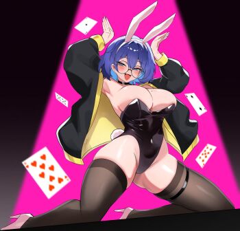 1girl animal_ears black_choker black_leotard black_thighhighs blue_eyes blue_hair breasts card choker cleavage commentary fake_animal_ears floating_card glasses high_heels highres jacket large_breasts leotard meru_(twt_zet) mole mole_on_breast open_clothes open_jacket original playboy_bunny playing_card rabbit_ears rabbit_pose rabbit_tail round_eyewear short_hair solo strapless strapless_leotard tail thigh_strap thighhighs zet_(twt_zet)