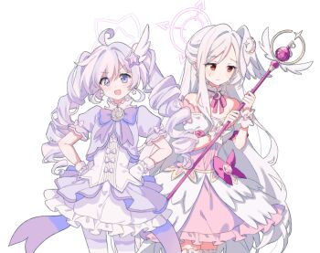 2girls ahoge averting_eyes bare_shoulders blue_archive blush bow bowtie corset cowboy_shot crescent crescent_hair_ornament detached_collar detached_sleeves dress dress_bow drill_hair earrings feathered_wings frilled_dress frilled_gloves frills gloves hair_ornament halo hands_on_own_hips head_wings highres holding holding_staff jewelry layered_dress long_hair mage_staff magical_girl migolu multicolored_hair multiple_girls neck_ribbon official_alternate_costume pantyhose pink_bow pink_corset pink_dress pink_hair pink_halo pink_ribbon puffy_short_sleeves puffy_sleeves purple_bow purple_bowtie purple_eyes purple_hair purple_pantyhose purple_shirt red_eyes reisa_(blue_archive) reisa_(magical)_(blue_archive) ribbon shirt short_sleeves simple_background single_head_wing smile staff star_(symbol) star_earrings star_hair_ornament star_halo strapless strapless_dress striped_clothes striped_pantyhose suzumi_(blue_archive) suzumi_(magical)_(blue_archive) sweatdrop twin_drills two-tone_hair very_long_hair white_background white_dress white_gloves white_hair white_pantyhose white_wings white_wrist_cuffs wing_hair_ornament wings wrist_cuffs