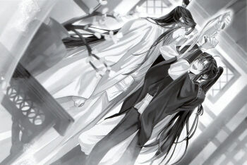 2boys :d ahoge arm_up arms_up bdsm bishounen blurry blurry_background blush bound bound_arms bound_wrists chinese_clothes chinese_commentary closed_eyes closed_mouth commentary_request couple curtains depth_of_field dutch_angle eye_contact facing_another greyscale hair_ornament hair_ribbon hanfu high_ponytail highres holding holding_ribbon indoors lan_wangji long_hair long_sleeves looking_at_another male_focus mg_ms_dayo modao_zushi monochrome multiple_boys official_art open_mouth pants plant ponytail potted_plant profile ribbon ribbon_bondage robe sash sidelocks smile standing sweatdrop table tassel tassel_hair_ornament third-party_source topknot vase very_long_hair wei_wuxian wide_sleeves window xiao_guan_(headdress) yaoi