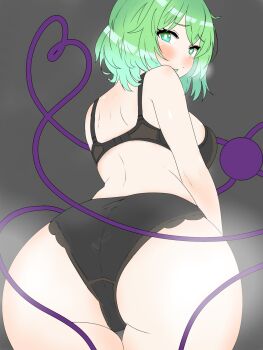 1girl :/ ass ass_focus black_bra black_panties blush body_blush bra breasts bright_pupils closed_mouth cowboy_shot eyeball from_behind good_ass_day green_eyes green_hair grey_background heart heart_of_string highres komeiji_koishi lingerie looking_at_viewer looking_back medium_breasts panties short_hair solo steaming_body string third_eye tokihakonbu touhou underwear underwear_only white_pupils