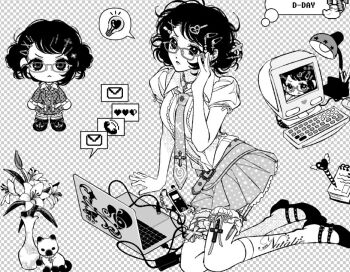 1girl :< adjusting_eyewear bell belt ben-day_dots cable cat charger checkered_background chibi chibi_inset closed_mouth collared_shirt computer computer_keyboard computer_mouse cross cross_hair_ornament cross_necklace crt curly_hair desk_lamp english_text fake_transparency flourish_(design) flower frilled_shirt frills full_body glasses greyscale hair_ornament hair_stick hairclip heart jewelry kneehighs knife lamp laptop light_bulb lily_(flower) looking_at_viewer mail mary_uu_1231 messy_hair miniskirt monitor monochrome mp3_player necklace necktie notebook open_collar original pen petticoat phone pleated_skirt polka_dot polka_dot_skirt print_necktie print_skirt puffy_short_sleeves puffy_sleeves ribbon_legwear screentones shirt short_hair short_sleeves sitting skirt sleeve_ribbon socks socks_over_thighhighs solo speech_bubble spoken_light_bulb star_(symbol) star_print thighhighs thought_bubble tie_clip v-shaped_eyebrows vase wing_collar x_hair_ornament yokozuwari