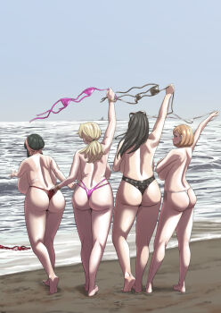 4girls akai_melon ass back backboob bare_shoulders beach bikini black_bikini black_hair blonde_hair breasts camilla_(spy_x_family) cleavage cloud earrings exhibitionism flashing hair_ornament hairband highres holding holding_bikini holding_bikini_top huge_breasts jewelry long_hair looking_at_viewer micro_bikini millie_(spy_x_family) multiple_girls navel ocean outdoors public_indecency public_nudity sand sexually_suggestive sharon_(spy_x_family) short_hair sidelocks sky smile spy_x_family standing string_bikini swimsuit unworn_bikini_top water white_bikini yor_briar