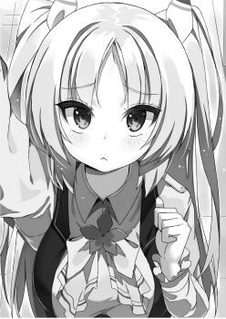 Rule 34 | 1girl, arm up, ascot, blush, breasts, buta koushaku, charlotte lily hughjack, clenched hands, closed mouth, collared shirt, greyscale, hair ribbon, hand up, highres, long hair, long sleeves, medium breasts, monochrome, nauribon, novel illustration, official art, raised inner eyebrows, ribbon, school uniform, shirt, solo, standing, third-party source, two side up, upper body, very long hair, vest