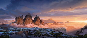 bird blue_sky cliff cloud commentary dawn english_commentary gradient_sky grass highres landscape lorenzo_lanfranconi mountain no_humans original painterly pond rock scenery sky snow star_(sky) starry_sky sunrise yellow_sky