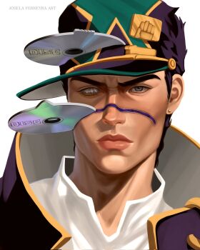 1boy artist_name baseball_cap cd cheekbones closed_mouth comic_panel_redraw commentary derivative_work earrings english_commentary grey_eyes hat high_collar highres jewelry jojo_no_kimyou_na_bouken josela_ferreyra kuujou_joutarou lips looking_at_viewer male_focus portrait purple_hair purple_hat shirt simple_background solo stone_ocean stud_earrings white_background white_shirt