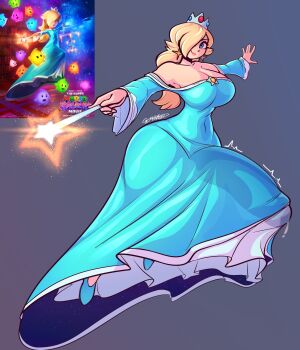 Rule 34 | 1futa, aqua dress, bare shoulders, blonde hair, blue dress, breasts, bulge, cleavage, crown, curvy, dress, earrings, erection, erection under clothes, futanari, gemrazzled, hair over one eye, holding, holding wand, huge breasts, huge penis, jewelry, long sleeves, looking at viewer, mario (series), meme, nintendo, off-shoulder dress, off shoulder, penis, penis under dress, reference inset, rosalina, silver crown, smile, star (symbol), star earrings, super mario galaxy, the super mario galaxy movie, wand, wide hips