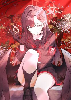 1girl absurdres ahoge armband black_choker black_gloves black_hair black_sailor_collar black_serafuku black_shoes black_skirt black_socks black_wings blue_archive blue_eyes choker closed_mouth commentary feathered_wings floral_background glove_pull gloves hair_ornament hairclip halo highres himmel_gewalt ichika_(blue_archive) knee_up kneehighs long_hair looking_at_viewer low_wings neckerchief red_armband red_halo red_neckerchief redrawn safety_pin sailor_collar school school_uniform serafuku shoes sitting skirt smile socks solo straight-on unusually_open_eyes wings