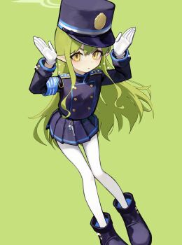 absurdres armband arms_up blue_archive blue_armband buttons closed_mouth commentary double-breasted gloves green_background green_hair green_halo halo hat highres hikari_(blue_archive) long_hair long_sleeves looking_at_viewer pantyhose peaked_cap pointy_ears skirt sparkle train_conductor white_gloves white_pantyhose yellow_eyes yoon_cook