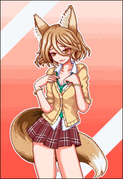 1girl :3 alternate_costume animal_ear_fluff animal_ears black_bow blonde_hair blue_necktie bow bracelet brown_jacket brown_skirt commentary cowboy_shot fangs fox_ears fox_girl fox_tail gold_bracelet gradient_background green_necktie hair_between_eyes hashtag-only_commentary jacket jewelry kudamaki_tsukasa looking_at_viewer loose_hair_strand lowres messy_hair necktie open_mouth pixel_art plaid_clothes plaid_skirt pleated_skirt raised_inner_eyebrows red_background red_eyes shirt short_hair short_sleeves skirt smile solo striped_background striped_clothes striped_necktie symbol-only_commentary tail touhou unk_kyouso white_background white_shirt