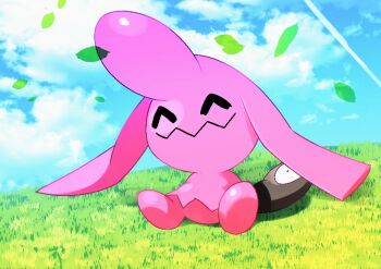 alternate_color commentary_request day field gen_3_pokemon leaf nintendo no_humans omega_takai outdoors pokemon pokemon_(creature) shiny_pokemon sitting solo wavy_mouth wynaut