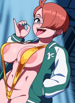1girl alternate_breast_size_(larger) areola_slip boku_no_hero_academia breasts collarbone cowboy_shot earrings eyepatch fellatio_gesture female_focus fingernails green_eyes green_jacket green_nails hachisuka_kuin hair_over_one_eye hand_in_pocket hand_up indoors jacket jewelry kabeume large_breasts long_sleeves looking_at_viewer looking_to_the_side multicolored_jacket nail_polish naughty_face navel night open_clothes open_jacket open_mouth orange_hair pinky_out short_hair sideways_glance slingshot_swimsuit smile solo standing swimsuit teeth tomboy tongue tongue_out two-tone_jacket upper_teeth_only vigilante_-boku_no_hero_academia:_illegals- white_jacket yellow_slingshot_swimsuit