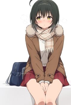 1girl :o ahoge bag between_legs black_hair blush breath brown_eyes brown_jacket commentary_request fur-trimmed_jacket fur_trim gyorui_(katsuwo_drawing) hand_between_legs highres idolmaster idolmaster_cinderella_girls jacket kohinata_miho long_sleeves looking_to_the_side miniskirt open_clothes open_jacket plaid_clothes plaid_scarf red_skirt scarf school_bag short_hair signature simple_background sitting skirt solo sweater v_arms white_background white_sweater