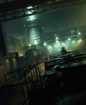 1boy absurdres buster_sword cloud_strife commentary english_commentary final_fantasy final_fantasy_vii highres josusolano magic:_the_gathering midgar night nuclear_reactor official_art on_train pipeline railing scenery solo spiked_hair sword sword_on_back train weapon weapon_on_back