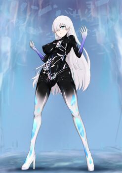 ana_schariac ana_schariac_(cosplay) ana_schariac_(herrscher_of_ice) anastasia_(fate) bodysuit commentary_request commission cosplay covered_erect_nipples fate/grand_order fate_(series) gradient_clothes hair_over_one_eye high_heels highres honkai_(series) honkai_impact_3rd hydrangia impossible_bodysuit impossible_clothes latex latex_bodysuit o-ring o-ring_thigh_strap pixiv_commission thigh_strap white_hair