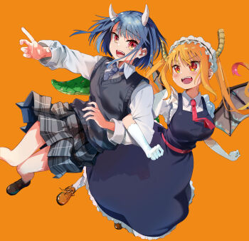 2girls absurdres aoki_ruri avarangers black_dress black_hair black_sweater_vest blue_necktie blush brown_shoes collared_shirt commentary_request dragon_girl dragon_horns dragon_tail dragon_wings dress fangs full_body gradient_background grey_skirt highres horns knees_together_feet_apart kobayashi-san_chi_no_maidragon kyoto_animation locked_arms long_dress looking_at_another looking_at_viewer maid_headdress multiple_girls necktie open_mouth orange_background orange_eyes orange_hair pleated_skirt red_necktie ruridragon school_uniform shirt shirt_under_dress shoes short_hair skirt sleeveless sleeveless_dress slit_pupils sweater_vest tail tohru_(maidragon) two_side_up white_shirt wings yuri