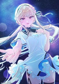 1girl :d anemoi ascot awayuki_hiiro black_hairband black_ribbon black_thighhighs blonde_hair blue_dress blunt_bangs blush breasts commentary_request copyright_notice cowboy_shot dress fingernails floating_clothes floating_hair flower frilled_dress frills hair_flower hair_ornament hair_ribbon hairband hand_up highres large_breasts long_hair looking_at_viewer low_twintails night open_mouth outdoors outstretched_arm pink_flower reaching reaching_towards_viewer red_eyes ribbon second-party_source short_sleeves sidelocks sky smile solo star_(sky) starry_sky thighhighs tokira_nozumi twintails two-tone_dress very_long_hair white_ascot white_dress wide_sleeves