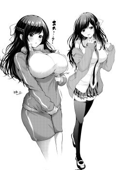 1girl black_hair black_thighhighs blush bow braid breasts collared_jacket collared_shirt commentary_request corrupted_twitter_file cropped_legs fang full_body greyscale hair_bow half_up_braid hands_up highres jacket large_breasts long_hair long_sleeves monochrome multiple_views necktie off_shoulder open_clothes open_jacket open_mouth original parted_lips pleated_skirt ribbon ryopa shirt shoes shorts simple_background skin_fang skindentation skirt sleeve_cuffs sleeves_past_wrists standing thighhighs track_jacket translation_request white_background white_shirt zipper_pull_tab zipping