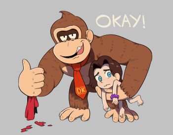 1boy 1girl barefoot blue_eyes brown_hair convenient_hand donkey_kong donkey_kong_(series) donkey_kong_bananza embarrassed feet fingernails freckles hair_down hair_intakes half-closed_eyes highres implied_nudity lifting_person loli long_hair looking_at_viewer necktie nintendo parted_bangs pauline_(mario) pauline_(young)_(mario) pervert sidelocks size_difference smug sock-eater source_request spread_toes thumbs_up toe_scrunch toenails toes torn_clothes unworn_clothes wavy_mouth wristband