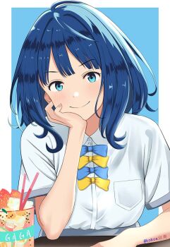 >:) 1girl ahoge artist_name blue_background blue_bow blue_bowtie blue_eyes blue_hair blunt_bangs blush border bow bowtie chinese_commentary closed_mouth collared_shirt commentary_request dress_shirt eyelashes fingernails hand_on_own_cheek hand_on_own_face hand_up kokoa_(user_zrrr5457) looking_at_viewer make_heroine_ga_oo_sugiru! medium_hair outside_border school_uniform shirt short_sleeves simple_background smile smug solo split_mouth tareme upper_body v-shaped_eyebrows white_border white_shirt yanami_anna yellow_bow yellow_bowtie