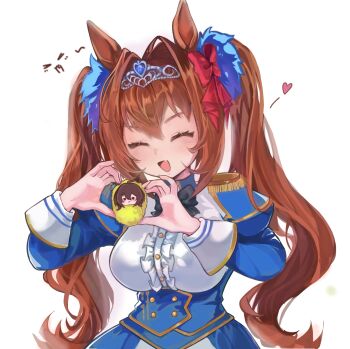 Rule 34 | 1girl, agnes tachyon (umamusume), blue jacket, blush, bow, breasts, brown hair, closed eyes, commentary request, daiwa scarlet (peak blue) (umamusume), daiwa scarlet (umamusume), epaulettes, fang, hair between eyes, hair bow, hair intakes, hair ornament, highres, holding, jacket, kk (pixiv 83235599), long hair, medium breasts, open mouth, red bow, shirt, simple background, skin fang, solo, staff, stuffed toy, tiara, twintails, umamusume, variant set, very long hair, white background, white shirt