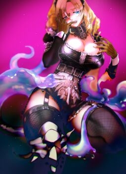 1girl armlet armored_boots belt black_dress black_garter_straps blonde_hair blue_eyes boots breasts cleavage dress fishnet_thighhighs fishnets garter_straps hand_on_own_chest head_tilt highres horocca jewelry large_breasts long_hair maid mature_female monster_girl overlord_(maruyama) pink_background silver_armlet silver_belt slime_(substance) slime_girl solo solution_epsilon thighhighs tri_drills