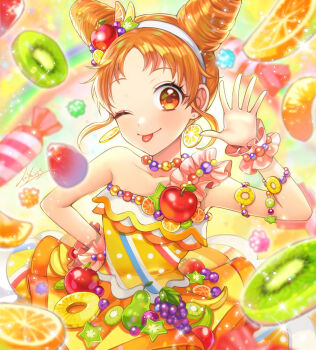 Rule 34 | 1girl, ;p, aikatsu!, aikatsu! (series), arisugawa otome, blurry, blurry foreground, closed mouth, collarbone, commentary request, cone hair bun, depth of field, dress, food, forehead, fruit, grapes, hair bun, hairband, hand up, highres, kiwi (fruit), kiwi slice, looking at viewer, matsurika youko, one eye closed, orange hair, pear, pineapple, pineapple slice, red eyes, smile, solo, starfruit, strapless, strapless dress, strawberry, tongue, tongue out, white hairband, wrist cuffs, yellow dress