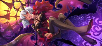 1girl artist_request bat_(animal) black_skirt black_sleeves black_thighhighs blush braid breasts cape code_geass code_geass:_lost_stories code_geass:_soubou_no_oz collarbone corset dark-skinned_female dark_skin detached_sleeves dutch_angle fangs female_focus food food_bite food_on_face frilled_sleeves frills full_moon game_cg garter_straps hair_ornament hand_to_own_mouth hand_up happy high_collar highres holding holding_food knees_up light_blush light_particles long_sleeves looking_at_viewer medium_breasts miniskirt moon night non-web_source o-ring official_art open_mouth outdoors red_cape red_eyes shiny_skin short_hair sidelocks silhouette sitting skirt smile solo teeth thighhighs toto_thompson twin_braids two-sided_cape two-sided_fabric white_hair wide_sleeves wing_hair_ornament yellow_moon