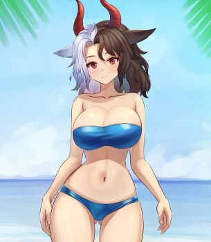 1girl absurdres animal_ears beach bikini black_hair blue_bikini blue_sky blush breasts cleavage closed_mouth cloud collarbone commentary contrapposto cow_ears cow_girl cow_horns cowboy_shot full_body gluteal_fold highres horizon horns huge_breasts looking_at_viewer medium_hair mikotouca multicolored_hair navel ocean outdoors palm_tree parted_bangs red_eyes red_horns sky solo standing swimsuit touhou tree two-tone_hair ushizaki_urumi variant_set white_hair