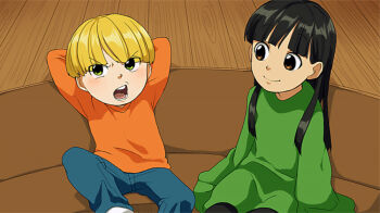 1boy 1girl animification arms_behind_head black_hair blonde_hair blunt_bangs brown_eyes codename:_kids_next_door commentary_request duplicate furrowed_brow green_eyes long_hair long_sleeves looking_at_another numbuh_3 numbuh_4 open_mouth pantyhose pixel-perfect_duplicate sitting sleeves_past_wrists t_k_g