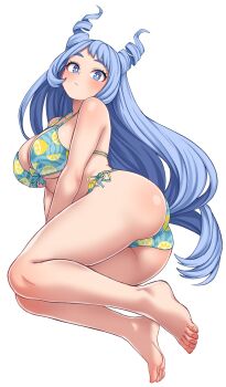 1girl absurdres ass bikini blue_bikini blue_eyes blue_hair boku_no_hero_academia breasts drill_hair feet food_print fruit_print full_body hado_nejire highres kobaji large_breasts lemon_print long_hair simple_background solo swimsuit twin_drills white_background