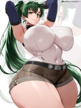 1girl absurdres alternate_body_size alternate_breast_size_(larger) alternate_costume arcedo armpits arms_behind_head arms_up belt black_gloves breasts covered_erect_nipples covered_navel curvy elbow_gloves fire_emblem fire_emblem:_the_blazing_blade fire_emblem_heroes from_below gloves green_eyes green_hair highres huge_breasts impossible_clothes impossible_shirt long_hair looking_at_viewer looking_down lyn_(fire_emblem) navel nintendo pear-shaped_figure ponytail presenting_armpit shirt short_shorts shorts simple_background smile thick_thighs thighs very_long_hair white_background white_shirt wide_hips zoom_layer
