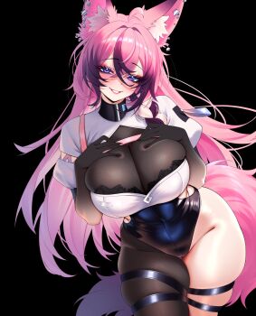 1girl ahoge animal_ear_fluff animal_ears black_background black_hair black_leotard breasts capycapy clothing_cutout colored_extremities crossed_bangs earrings eyelashes hair_between_eyes hands_on_own_chest highres hip_vent indie_virtual_youtuber jewelry large_breasts leotard lips long_hair multicolored_hair pink_hair purple_eyes sachi_mizora_(vtuber) see-through_cleavage see-through_clothes single_leg_pantyhose smile solo streaked_hair tail thigh_strap virtual_youtuber zipper