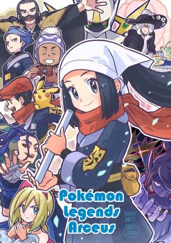 4girls 5boys absurdres adaman_(pokemon) akari_(pokemon) arceus black_hair black_sash black_shirt closed_mouth cogita_(pokemon) commentary_request copyright_name cup cyllene_(pokemon) eyelashes gen_1_pokemon gen_4_pokemon giratina grey_eyes headscarf highres holding holding_instrument instrument irida_(pokemon) jacket legendary_pokemon logo long_hair looking_to_the_side multiple_boys multiple_girls mythical_pokemon nintendo pikachu pokemon pokemon_legends:_arceus professor_laventon red_scarf rei_(pokemon) sasami_642 sash saucer scarf shirt sidelocks smile teacup teapot volo_(pokemon)