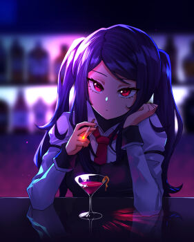 1girl absurdres backlighting bar_(place) bartender blurry blurry_background cigarette closed_mouth cocktail_glass collared_shirt commentary_request cup dot_nose drinking_glass eyelashes head_rest highres indoors jill_stingray long_hair looking_at_viewer messy_hair necktie purple_hair red_eyes red_necktie reflective_table shirt smoking solo twintails upper_body va-11_hall-a vest white_shirt wrist_cuffs yumesphere
