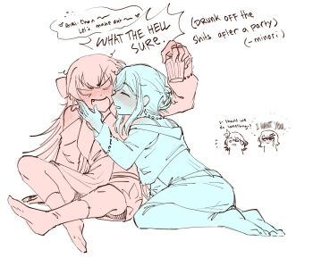 Rule 34 | 4girls, blush, closed eyes, commentary, cup, drunk, earrings, emotsper, english commentary, english text, fang, hanasato minori, hand on another's face, highres, hinomori shizuku, holding, holding cup, imminent kiss, jewelry, kiritani haruka, limited palette, long hair, momoi airi, more more jump! (project sekai), multiple girls, necklace, project sekai, ring, short hair, simple background, skirt, socks, speech bubble, white background, yuri