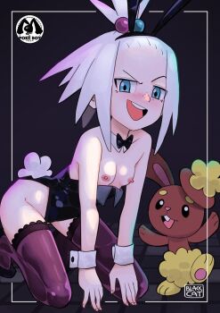 1girl animal_ear_hairband animal_ears artist_name bare_shoulders black_bow black_bowtie black_hairband black_leotard black_shoes blackcatart blue_eyes blush bow bowtie breasts buneary clothes_pull collar darkness detached_collar embarrassed fake_animal_ears fake_tail fingernails freckles from_side full_body gen_4_pokemon hairband high_heels highleg highleg_leotard indoors kneeling leaning_forward leotard leotard_pull looking_at_viewer looking_to_the_side medium_hair nintendo nipples open_mouth petite playboy_bunny pokemon pokemon_(creature) pokemon_black_2_and_white_2 purple_thighhighs rabbit_ears rabbit_tail roxie_(pokemon) shoes sideways_glance small_breasts smile smug solo_focus strapless strapless_leotard tail teeth thighhighs tsundere turning_head upper_teeth_only white_collar white_hair wrist_cuffs