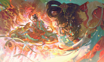 Rule 34 | 1girl, blunt bangs, brown hair, chinese clothes, eyelashes, flower, full body, hair flower, hair ornament, hair stick, hanfu, highres, jewelry, long sleeves, looking at viewer, multiple views, necklace, original, parted lips, red hanfu, red shawl, san wu maoliang, shawl, sidelocks, sitting, sparkle, tassel, watermark, wide sleeves