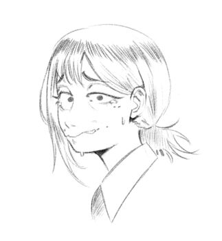 1girl certifiedham chainsaw_man greyscale higashiyama_kobeni mole mole_under_eye monochrome multiple_moles ponytail short_ponytail single_sidelock solo sweat tearing_up