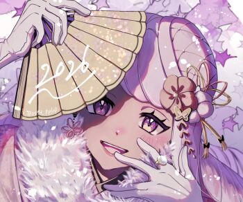 0393_piplup 1girl 2026 alternate_costume commentary_request dark-skinned_female dark_skin flower gloves hair_flower hair_ornament hand_fan highres holding holding_fan jacinthe_(pokemon) jacket jewelry long_hair nintendo open_mouth pokemon pokemon_legends:_z-a purple_eyes purple_hair ring solo teeth upper_teeth_only