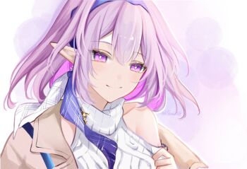 1girl blue_hairband bright_pupils brown_coat castorice_(honkai:_star_rail) castorice_(luckin_coffee)_(honkai:_star_rail) clothing_cutout coat hair_between_eyes hairband honkai:_star_rail honkai_(series) long_hair looking_at_viewer memi_58 official_alternate_costume open_clothes open_coat pointy_ears portrait purple_eyes purple_hair shoulder_cutout simple_background single_bare_shoulder single_off_shoulder smile solo sweater turtleneck turtleneck_sweater twitter_username white_pupils white_sweater