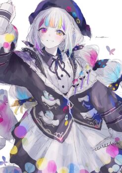 1girl arm_up beret black_jacket black_ribbon bow collared_shirt commentary_request cowboy_shot driedflower hat heterochromia highres holding holding_spray_can jacket jogasaki_noah long_hair long_sleeves looking_at_viewer mahou_shoujo_no_majo_saiban multi-tied_hair multicolored_hair neck_ribbon paintbrush polka_dot polka_dot_bow ribbon shirt simple_background skirt smile solo spray_can standing streaked_hair white_background white_hair white_shirt yellow_eyes