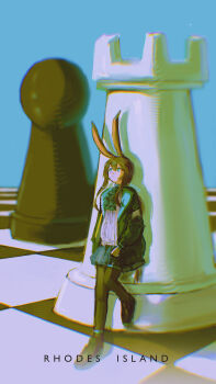 1girl absurdres amiya_(arknights) animal_ears arknights ascot black_jacket black_pantyhose black_skin blue_ascot blue_background blue_eyes brown_hair checkered_floor chess_piece closed_mouth colored_skin commentary double-parted_bangs english_commentary english_text frilled_ascot frills full_body hair_between_eyes highres jacket leaning_back long_hair long_sleeves looking_up mini_person open_clothes open_jacket oversized_object pantyhose pawn_(chess) plaid_clothes plaid_skirt pleated_skirt rabbit_ears rook_(chess) sakiyo shadow skirt sleeve_cuffs solo standing standing_on_one_leg sweater white_sweater