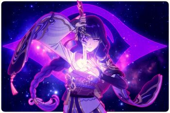 1girl arm_up armor asymmetrical_sleeves blunt_bangs braid breasts bridal_gauntlets cleavage closed_mouth clothing_cutout commentary english_commentary expressionless eye_symbol floating floating_hair genshin_impact glowing glowing_eyes glowing_sword glowing_weapon hair_flowing_over hair_ribbon highres holding holding_sword holding_weapon human_scabbard japanese_armor japanese_clothes katana kimono large_breasts long_braid long_hair looking_at_viewer mitsudomoe_(shape) musou_isshin_(genshin_impact) neck_ribbon off_shoulder purple_background purple_eyes purple_kimono purple_nails purple_ribbon raiden_shogun red_ribbon red_sash ribbon sash shade shoulder_armor shoulder_cutout single_braid sky solo space star_(sky) starry_sky sword tomoe_(symbol) uneven_sleeves upper_body weapon wide_sleeves yzl_kk