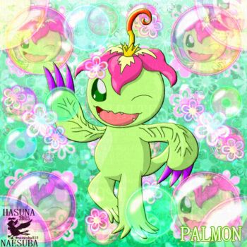 Rule 34 | bubble, digimon, digimon (creature), flower, looking at viewer, one eye closed, palmon, petals, pixiv user (3920334), sharp teeth, tail, teeth, wink