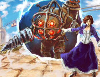 1girl big_daddy_(bioshock) bioshock bioshock_(series) bioshock_infinite blue_dress brown_hair choker day diving_suit dress drill drill_hand elizabeth_(bioshock_infinite) glowing nikuo outdoors standing valve