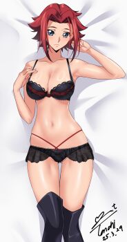 1girl absurdres artist_name bare_shoulders blue_eyes boots bra breasts code_geass collarbone dakimakura_(medium) dated female_focus highres kouzuki_kallen large_breasts looking_at_viewer lying medium_hair miniskirt on_back parted_bangs red_hair shiny_skin skirt thigh_boots underwear variant_set yoo_tenchi