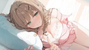 1girl babydoll blush bow braid breasts brown_hair cleavage closed_mouth curtains green_bow green_eyes hair_bow hair_ornament hairclip highres index_finger_raised indoors large_breasts lingerie long_hair long_sleeves lying nijihashi_sora on_bed on_side pajamas pillow pink_pajamas sidelocks smile solo strap_slip thighs underwear white_babydoll window