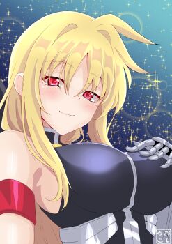 1girl absurdres armband armpit_crease artist_name blonde_hair blue_background breasts closed_mouth commentary_request fate_testarossa gauntlets gradient_background hair_between_eyes hair_intakes hand_on_own_chest highres large_breasts lens_flare light_smile long_hair long_sidelocks lyrical_nanoha mahou_shoujo_lyrical_nanoha_strikers oshiruko_kizoku parted_bangs red_armband red_eyes seal_impression sidelocks simple_background skin_tight sleeveless smile solo sparkle_background upper_body wispy_bangs