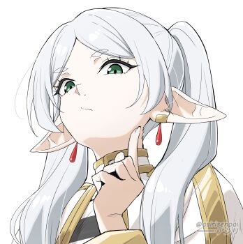 1girl asiri_senpai commentary frieren green_eyes hand_up highres index_finger_raised long_hair looking_at_viewer pointy_ears portrait simple_background solo sousou_no_frieren twintails white_background