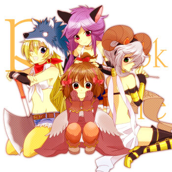 Rule 34 | 4girls, aiue-o, animal ears, axe, bandana, belt, bikini, bikini top only, black bikini, black gloves, blacksmith (ragnarok online), blonde hair, blue eyes, blue shorts, bow, breasts, brown belt, brown gloves, brown hair, brown horns, brown pantyhose, brown skirt, closed mouth, commentary request, copyright name, crop top, curled horns, elbow gloves, fake horns, fingerless gloves, full body, gloves, green eyes, grey hair, hair bow, hands on own cheeks, hands on own face, holding, holding axe, holding screwdriver, horns, long hair, mechanic (ragnarok online), medium breasts, merchant (ragnarok online), multiple girls, multiple hair bows, one eye closed, open mouth, pantyhose, purple hair, ragnarok online, red bandana, red eyes, screwdriver, shirt, short hair, short shorts, shorts, simple background, sitting, skirt, sleeveless, sleeveless shirt, smile, squatting, swimsuit, tied shirt, white background, white bikini, white shirt, whitesmith (ragnarok online), wolf hat